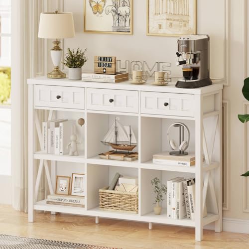 FATORRI Estantería de almacenamiento de 6 cubos con 3 cajones, estantería horizontal larga, moderna estantería organizadora de cubos (roble blanco, 47 pulgadas)
