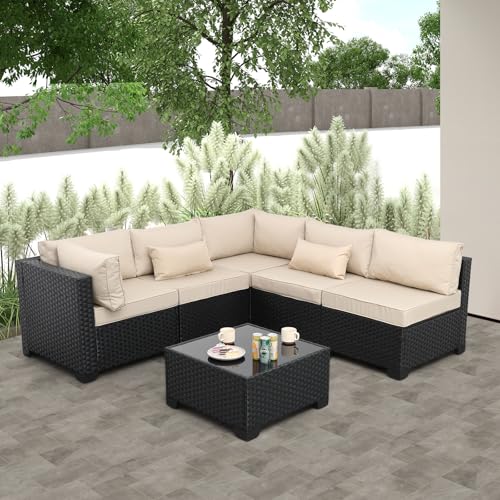 Rattaner Patio Sectional 6 Pieces All-Weather Wicker Patio Furniture Set Outdoor Sectional with Glass Table Non-Slip Cushions and Waterproof Cover, Khaki - Image 2