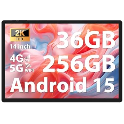 FASTWD Tablet 14 Pulgadas Android 15 120Hz 2K Tablet con Doble SIM 4G LTE+5G WiFi Octa-Core 36GB RAM+256GB RAM TF 1TB 11580mAh/20W/GPS/BT5/13MP+8MP/OTG Gaming Tableta Negro