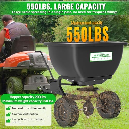 200LB Tow Behind Broadcast Spreader, Fertilizer Spreader Holds up to 550 lbs with 13" Pneumatic Tires and Adjustable Flow Control Lever,for Fertilizer, Grass Seed, Salt, Ice Melt, Lawn - Image 4