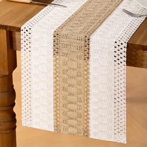Image of MLMC Ivory & Burlap Boho Table Runner Farmhouse Cotton Burlap Woven Table Runner 48 inch Long Rustic Seasonal Table Decor for Dinning Kitchen Wedding Bridal Shower Eveyrday Use 12x48 Inch