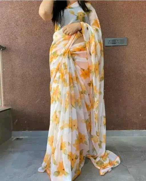 Lightweight Chiffon Saree with Lace BorderYellow chiffon flower-image-17