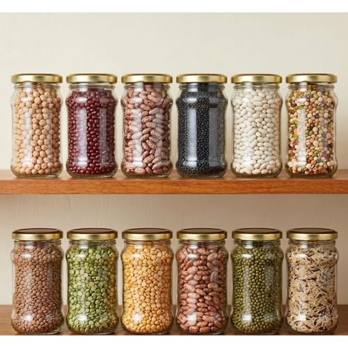 Image of Glassbunny 200 Glass Jar With Air Tight Golden-Lid for Kitchen Dried Masala Storage, Honey, Spice Container, Visible Storage Set of 12