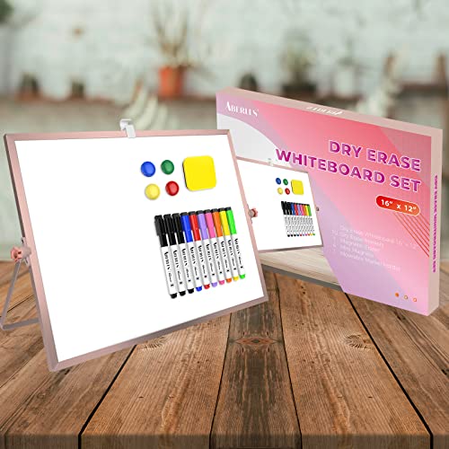 16 X 12 Inches Dry Erase Whiteboard, Rose Gold Magnetic Desktop Double-Sided White Board With Stand, 10 Markers, 1 Eraser, 4 Magnets, Portable Whiteboard Easel For School Office Home #TOP7