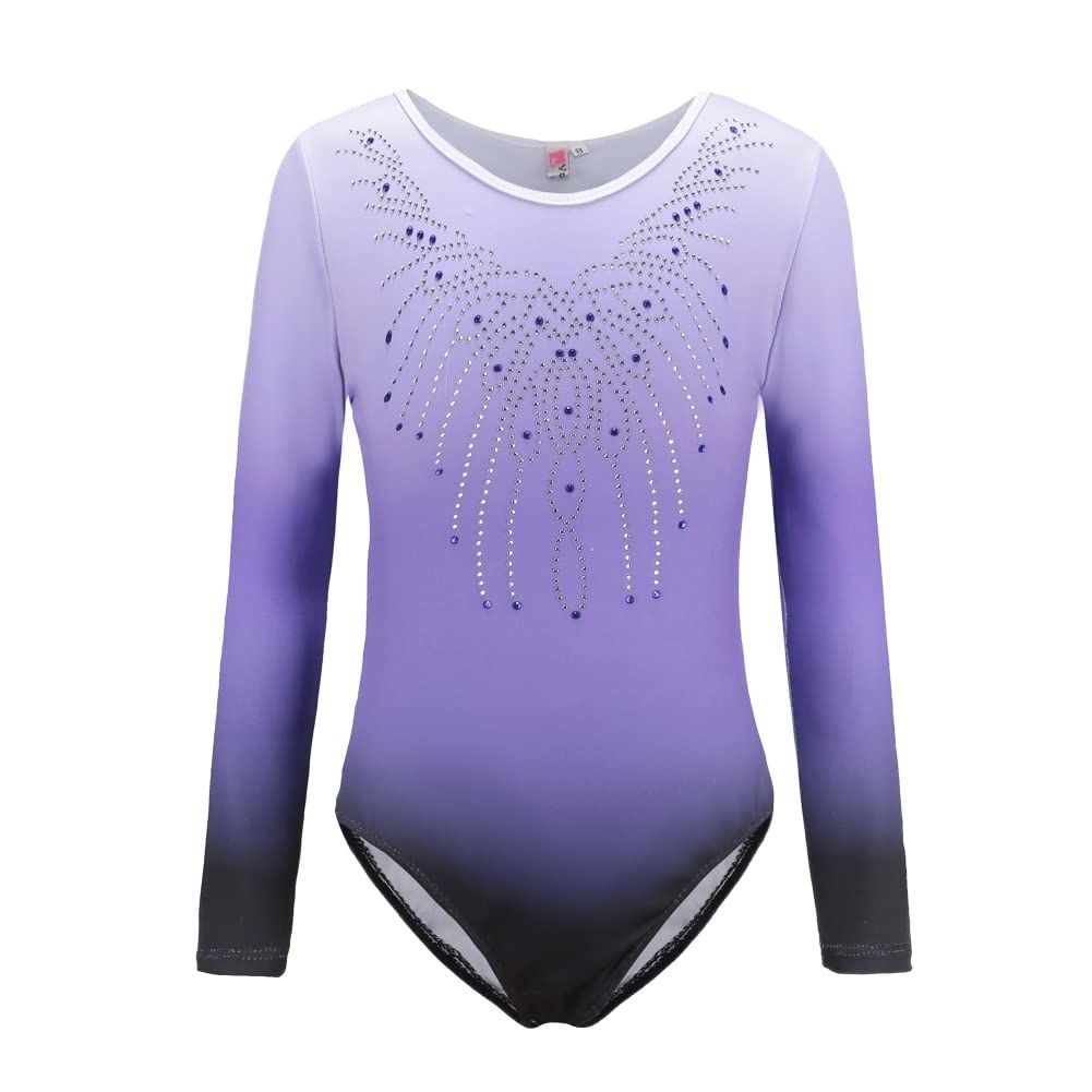 Long Sleeve Leotards for Girls, Color Gradient Shiny Beads Ballet Dance Bodysuit Gymnastics Tumbling Wear, Sizes 5-12T