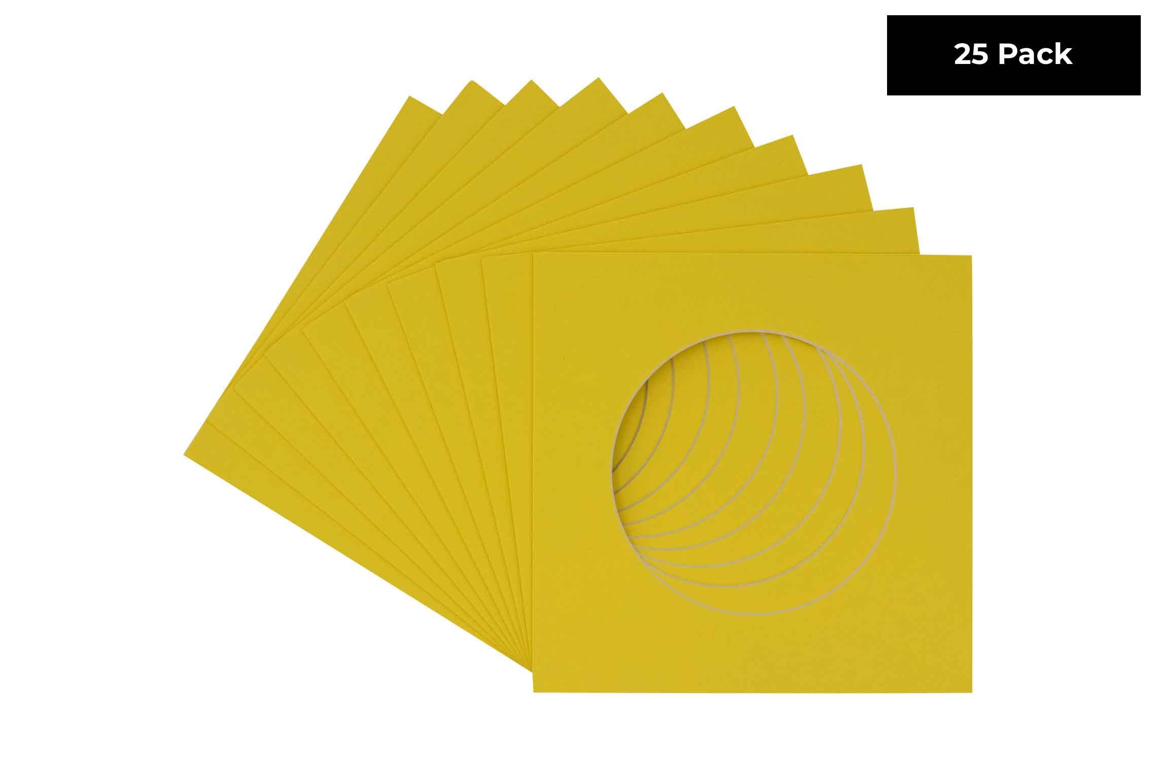CountryArtHouse Yellow Acid Free 14x14 Circle Picture Frame Mat with White Core Bevel Cut for 10x10 Pictures - Fits 14x14 Frame - Pack of 25 Matboard Show Kits with Acid Free Backings & Clear Bags