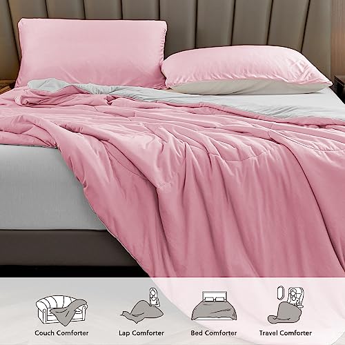 HOMFINE Cooling Comforter Japanese Double-Sided Cold Tech Fabric Cooling Blanket for Night Sweats Hot Sleepers, Q-Max 0.45 Soft Breathable Silky Smooth Lightweight Pink Summer Comforter King