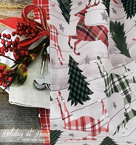 Newbridge Merry Reindeer Prance Country Rustic Christmas Fabric Tablecloth, Fun Cottage Reindeer And Xmas Tree Plaid Easy Care Holiday Tablecloth, 52” X 70” Oblong/Rectangle #TOP1