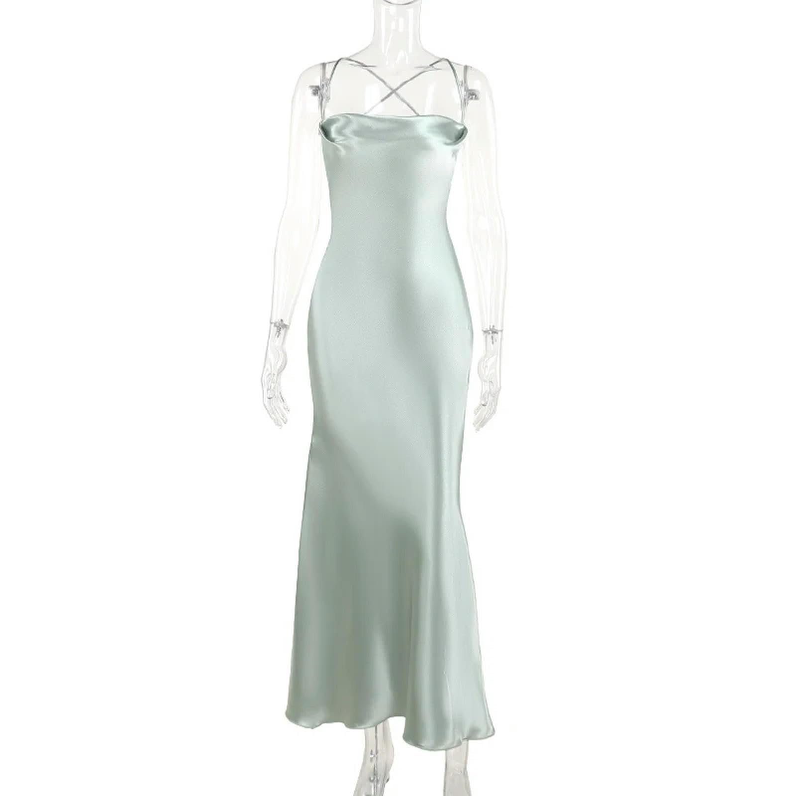 Elegante Abito con Bretelle in Raso per Donna Estate Festa Abito Lungo -Verde-S