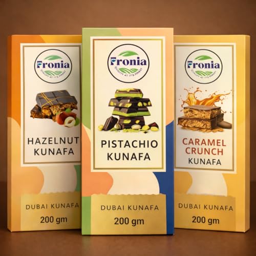 Image of Fronia Kunafa Chocolate Triple-Flavor Combo Pack Dubai Style - Pistachio, Hazelnut & Caramel Kunafa Chocolate Dessert, Milk Chocolate with Creamy Pistachio, Hazelnut & Caramel Filling & Crunchy Kunafa Layers | 200g Each