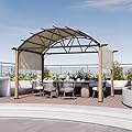 HAPPATIO 12' X 12' Outdoor Pergola with Sling Retractable Canopy, Wood-Like Aluminum Patio Pergola Shade Arched Top for Patio, Backyard, Garden,Poolside