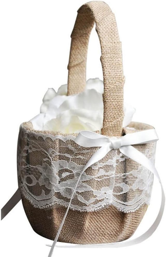 Ribbon Bowknot Lace Flower Girl Basket Petals Bouquets Holder Wedding Ceremony Party