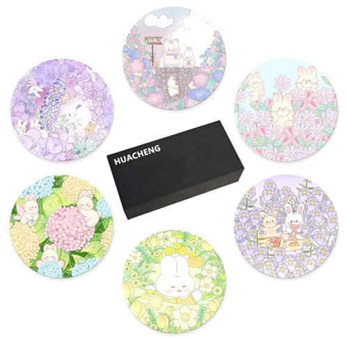 HUACHENG コースター おしゃれ 6個セット セラミック製 大理石模様 耐熱 保護コルク裏面 マグ お茶パッド カップマット 吸水 速乾 断熱 滑り止め 家庭用 オフィス用 ボヘミアン風 丸型 ((うさぎ)マルチカラー)