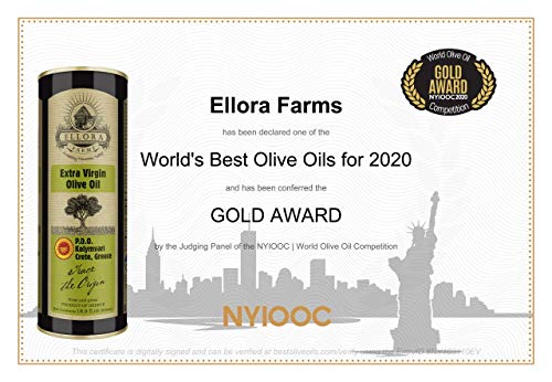 Ellora Farms, Multiple Gold Award Winner, Certified PDO Single Estate Extra Virgin Olive Oil, Traceable, First Cold-Press, Harvested in Crete, Greece. O.U Kosher, 17 oz Tin