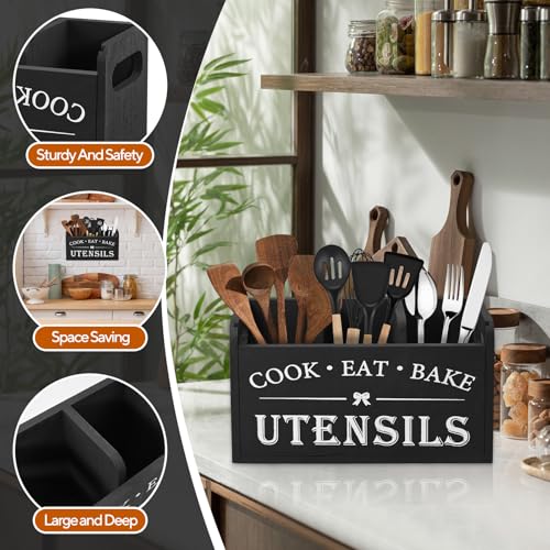 Kitchen Utensils Holder - Black Utensil Holder Cooking Utensil Organizer with 3 Compartment Drainage Bottom, Wooden Cutlery Storage Holder Farmhouse Cutlery Caddy, Cooking Tools Storage for Countertop - Image 3