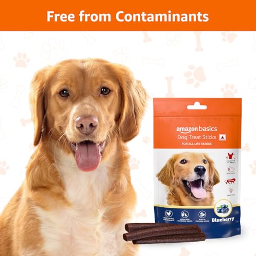 Image of Amazon Basics Dog Treat Sticks 140 gm, Chewy Meat Sticks for Adult Dogs and Puppies, High Protein Dog Treats for Training and Snacks, Made of Real Chicken Meat, Ziplock Pack, Blueberry Flavor