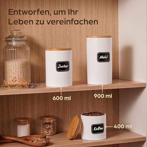 Praknu Keramikdosen mit Deckel Luftdicht Weiß - Vorratsdosen 3er Set - inkl. Etikett & Stift zum Beschriften - Spülmaschinenfest