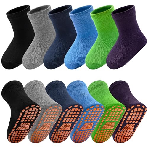 SkiBeaut 6 Pairs Kid Grips Socks Youth Non Slip Child Grippers Socks Young Boys Girls Teen Team Athletic Socks for Age 2-13