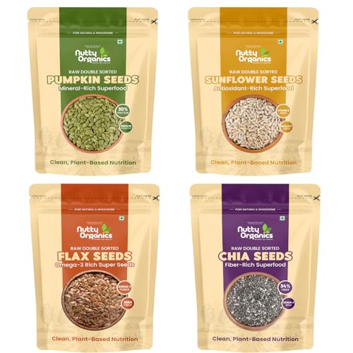 Image of Nutty Organics Premium Super Seeds Combo 800g (4 x 200g) | Super Cleaned & Double Sorted | Carefully Selected Harvest | Chia, Flax, Pumpkin & Sunflower Seeds | Protein, Fiber & Omega-3 Rich