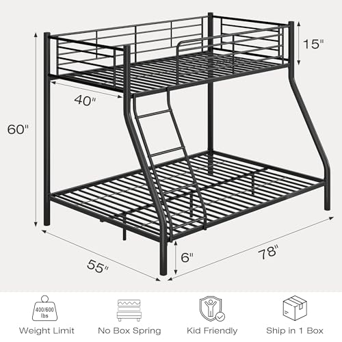 Image of VECELO Bunk Bed Twin Over Full, Metal Bunkbeds with Ladder and Full-Length Guardrail, No Box Spring Needed, Space Saving, Noise Free, Matte Black