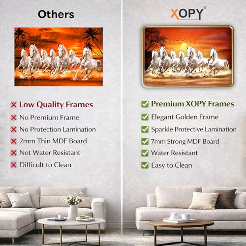 Image of XOPY Seven Running Horses with Golden Frame | Vastu 7 horses Raw Pyrite Painting for Home, Office & Living Room Wall Decore | 12X18 Inch Sparkle Laminated Frame | Best For Gifting (3060, 12X18)