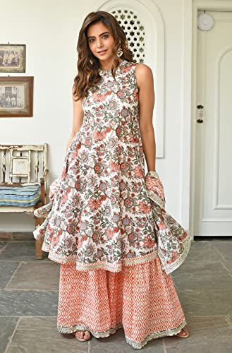 Janasya Indian Women's Cotton White Floral Print Festive Wear Kurta Set for Women3