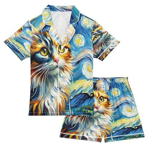 ALAZA Van Gogh Cat Kitten Watercolor Satin Pajamas Set Short Sleeve Button Down Sleepwear Summer Pjs 2 Piece