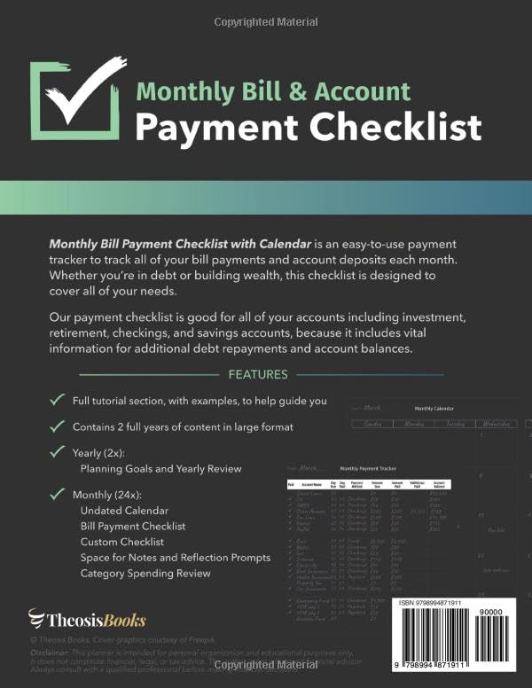 Book Back Monthly Bill Payment Checklist with Calendar: Multi-Year 110+ Pages 8.5 x 11 Tracker Monthly Organizer 