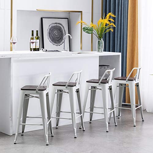 Yongchuang 24" Bar Stools Set Of 4 Metal Barstools Industrial Counter Height Stools With Backs (Wood Top Low Back, Cream White) #TOP3