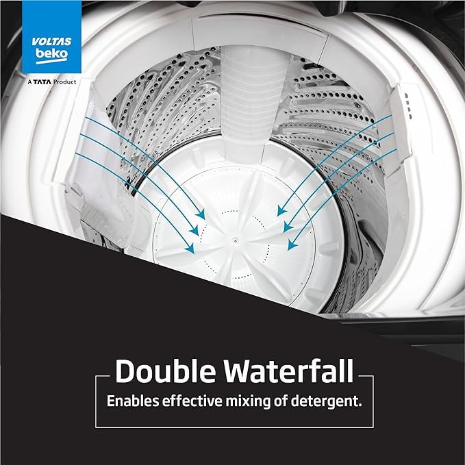 Inside view of the washing machine drum showing the Double Waterfall feature for detergent mixing