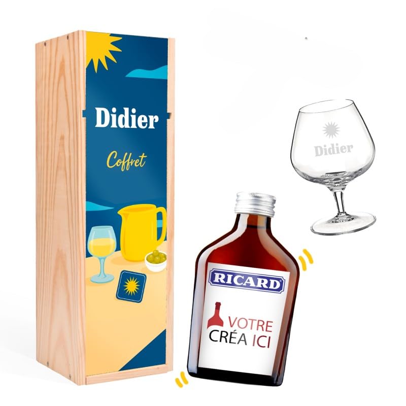 Coffret pastis Bouteille 20cl + verre de 39,5cl - Coffret verre personnalisé et caisse bois pour cadeau unique [ Kit apero a offrir ]