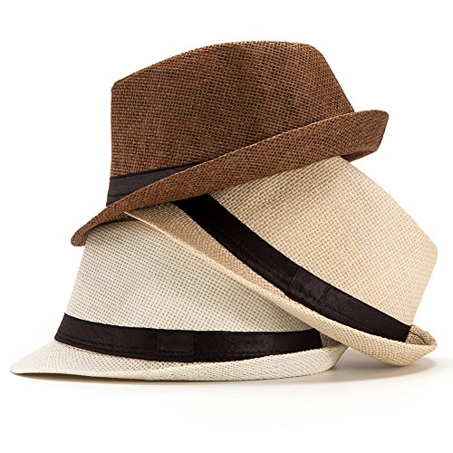 Image of LADYBRO 7 1 /4 Straw Fedora Hats for Men Summer Short Brim Trilby for Travel (Pack of 3, M /L)