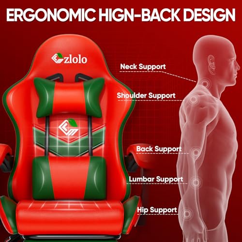 Image of Czlolo Gaming Chair, Lumbar Support Massage Computer Chair, High Back Gamer Chair, with Footrest and Headrest, Lumbar Pillow, Recline, Wide Seat, Gaming Chairs for Christmas /Birthday Gifts, Red