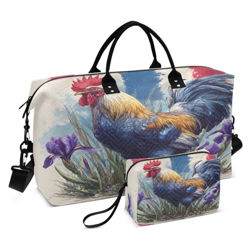 Weekender Bags Travel Duffel Gym Bag Flag Chicken Flower Carry on Overnight Tote Bag with Toiletry Bag for Airplane Travel Trip Gym Yoga