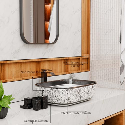 Image of InArt Designer table top wash basin for bathroom /bathroom sink /cabinet wash basin /ceramic basin /counter top basin /vanity washbasin in Rectangle Shape Silver White 45.5 x 32 x 13.5 cm