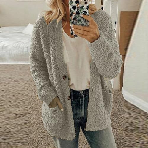 Women Casual Plus Size Plush Sweater Pockets Outerwear Buttons Cardigan Coat Hooded Lightweight Jacket for2