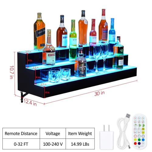 Led Lighted Liquor Bottle Display Shelf, Suspension Type, 3 Layer 30 Inch, Remote & App Control, Acrylic with Wine Holder Slots, Multi Functional Wine Rack