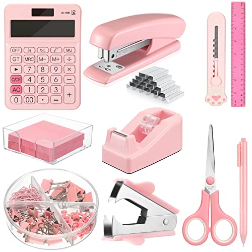 Sabary 12 Pcs Pink Desk Accessory Kit Include Stapler with Staples Tape Dispenser Staple Remover Sticky with Box Paper Clips Pen Kit Scissors Box Cutter Calculator Office Desk Supplies Christmas Gift