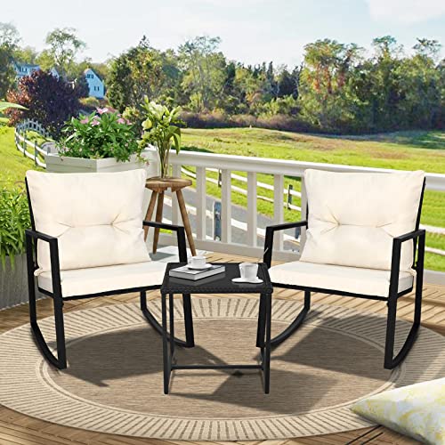 Suncrown 3 Piece Outdoor Rocking Bistro Set Black Wicker Furniture Porch Chairs Conversation Sets With Glass Coffee Table, Beige #TOP7