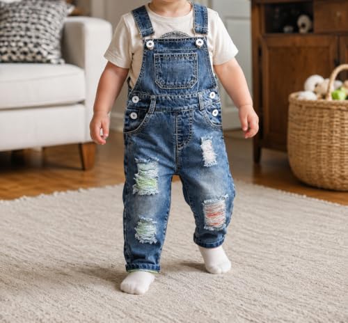 Image of KIDSCOOL Toddler Baby Denim Overalls Ripped Holes Jean Bib Romper Jumpsuit