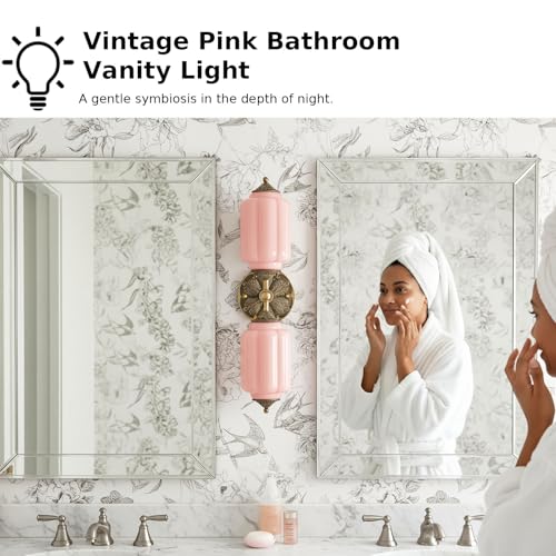 Image of Vintage Vanity Light - 2-Light Wall Sconce with Brass Finish Base & Green Glass Shade - Wall Sconce Lighting for Mirror, Kitchen, Living Room, Gallery (Bulbs Included) (Pink)