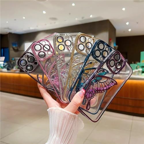Image of mobistyle Designed for iPhone 14 Plus Cover with Glitter Cute Butterfly Electroplating Design Back Cover Case for Women Teen Girls (Blue)