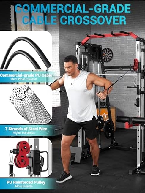 Smith Machine with Cable Crossover System for Home Gym,2200lbs Multi-Function Squat Rack Power Cage,All-in-One Fitness Equipment with LAT Pull-Down & Dual Pulley System & Leg Hold-Down Attachment