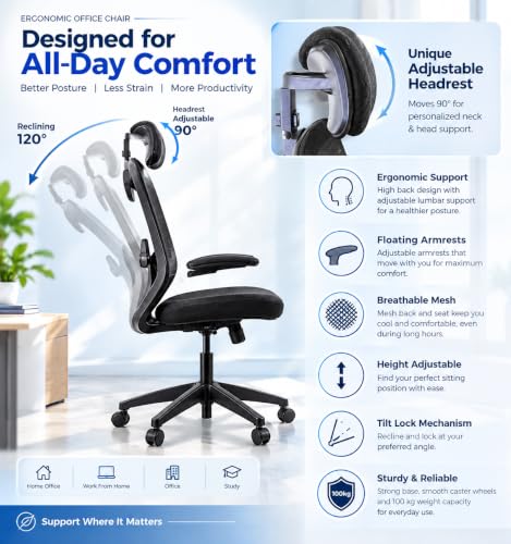 Image of VELORA Ergonomic Office Chair - High Back Mesh Computer Chair with Adjustable Lumbar Support, Headrest, Armrests | Height Adjustable, Tilt Lock | Work from Home, Study, Gaming | 100kg Capacity, Black