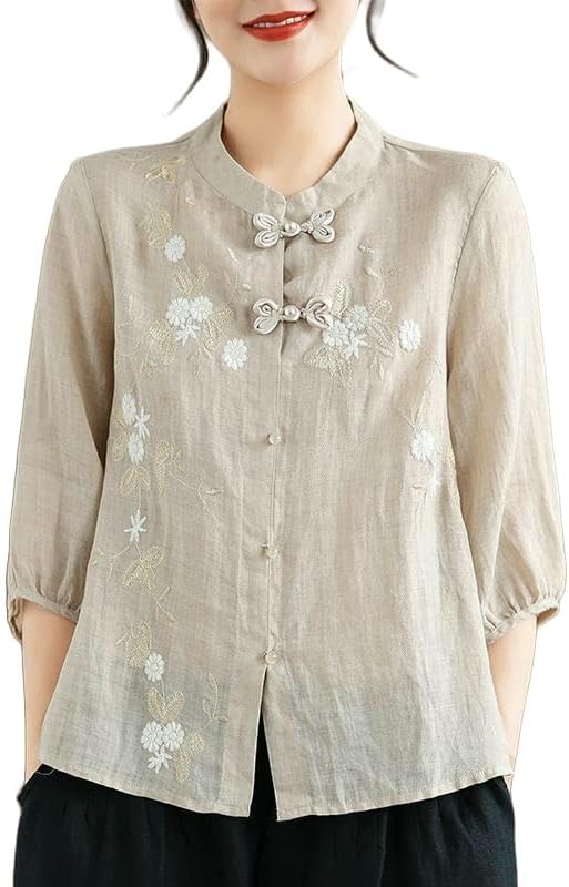 Women's Collar Frog Button Top Retro Heavy Embroidered Blouse Summer 3/4 Sleeve Cotton Linen Top