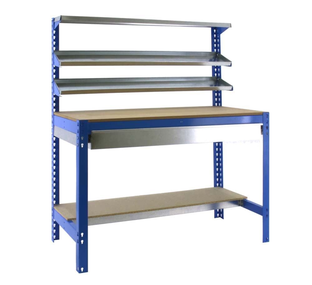 PROREGAL Werkbank Buffalo mit Frontablage und Schubfach | HxBxT 84x120x61cm | Traglast 600kg | Blau Werktisch Arbeitstisch Arbeitsbank Werkstattbank