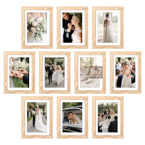 Image of upsimples 5x7 Picture Frame Set of 10, Display Pictures 4x6 with Mat or 5x7 Without, Multi Photo Frames Collage for Wall or Tabletop Display, Natural | Small Frame Fit 4x6 and 5 x 7 Photos, Wall or Tabletop Display, For Gallery Hallway Living Room, For Christmas Mother's Day
