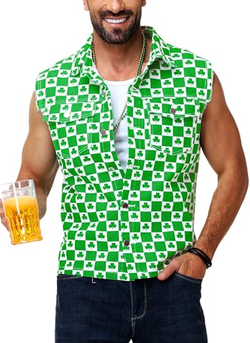 Image of AOBUTE Mens 4th of July Denim Vest American Flag Print Sleeveless Jean Jacket