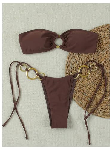GORGLITTER Women's Strapless Bikini Set String High Cut Thong Ring Linked Bandeau Swimsuits4