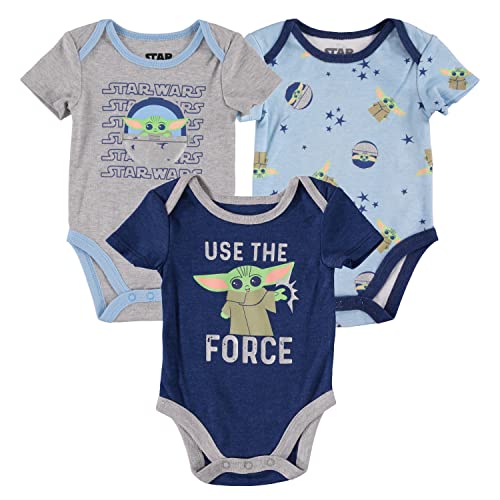 Image of STAR WARS Baby Boys Bodysuit Three Pack - Baby Yoda Baby Clothes (Grey/Navy/Blue, 6-9 Months)